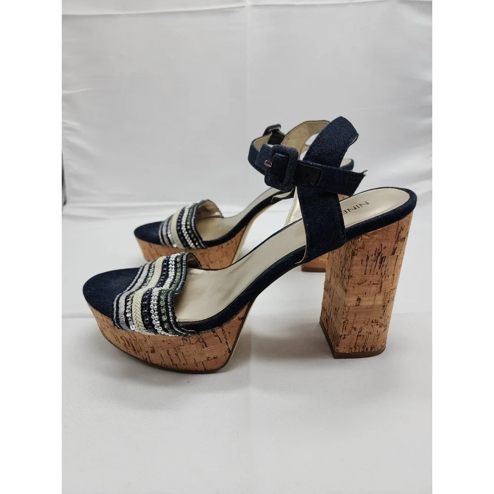 Nine West Womens Platform Sandal Block Heel Denim Open Toe Black Beige Size 8.5